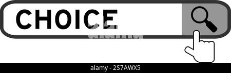 Bannière de recherche dans le choix de mot avec l'icône loupe de main sur fond blanc Illustration de Vecteur