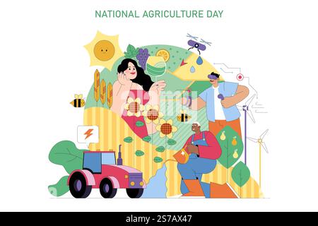 Concept de la Journée nationale de l'agriculture. Un groupe diversifié d'agriculteurs célébrant avec la technologie et l'énergie renouvelable. Champs, produits et sourires ensoleillés. Illustration vectorielle. Illustration de Vecteur