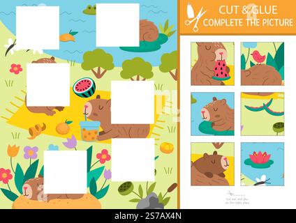 Vector capybara coupe et activité de colle. Jeu d'artisanat avec des animaux mignons et paysage naturel d'été. Remplissez la scène avec un autocollant carré. Trouvez le bon Illustration de Vecteur