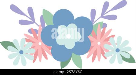 Créer un arrangement magnifique de fleurs et de feuilles stylisées dans des tons pastel doux de bleu, rose et vert, évoquant un atmos joyeux et décoratif Illustration de Vecteur