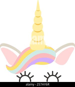 Adorable visage de licorne avec une crinière couleur arc-en-ciel, une corne dorée proéminente, des oreilles roses et des yeux expressifs avec de longs cils, créant un whimsi Illustration de Vecteur