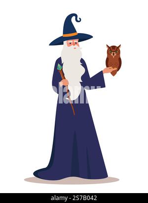 Vieil homme sorcier en robe et chapeaux tenant le personnel et le hibou. Magicien barbu ou sorcier dans le manteau avec baguette magique. Vecteur Illustration de Vecteur