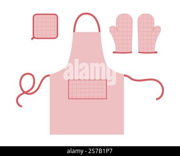 Ensemble de tabliers, gants de four et potholder mode rose bande dessinée feuille de fenêtre tartan à carreaux motif main accessoire vêtements illustration technique vêtement. Vecteur pour hommes, femmes, modèle plat de style unisexe Illustration de Vecteur