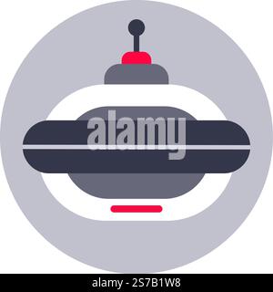 Illustration vectorielle minimaliste mettant en scène un vaisseau spatial gris et rouge planant dans un cadre gris rond, symbolisant les concepts de voyage spatial et d'expl Illustration de Vecteur