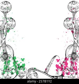 Symboles mexicains sombrero chapeau, guitare maracas mariachi instruments de musique, éclaboussures rouges et vertes. Bordure d'illustration isolée de vecteur d'encre dessinée à la main Illustration de Vecteur