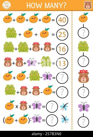 Combien de capybaras jeu, équation ou rebus. Activité mathématique Capibara pour les écoliers. Feuille de calcul imprimable simple pour les enfants avec animal mignon, Illustration de Vecteur