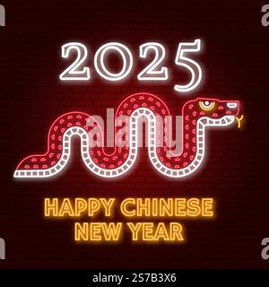 Bonne carte de voeux au néon du nouvel an chinois, flyers, affiche dans un style rétro avec serpent. Illustration vectorielle. Pour les bannières, cartes, affiches avec signe Snake Illustration de Vecteur