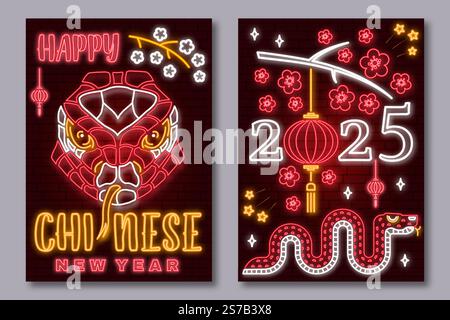 Ensemble de carte de voeux néon du nouvel an chinois heureux, flyers, affiche dans un style rétro avec serpent. Illustration vectorielle. Pour bannières, cartes, affiches avec Illustration de Vecteur