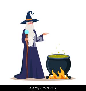 Vieil homme sorcier en robe et chapeau se tient près du chaudron avec potion verte toxique. Magicien barbu ou sorcier dans le manteau avec baguette magique. Vecteur Illustration de Vecteur