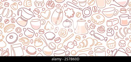 Café, thé et dessert sucré. Théières, tasses, biscuits, haricots aromatiques, turque et bonbons dans le style de ligne. Boulangerie, pâtisserie. Modèle sans couture de vecteur pour Wrappin Illustration de Vecteur