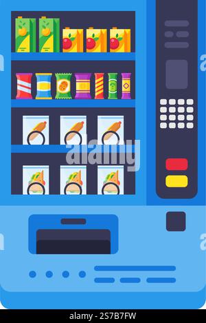 Distributeur automatique offrant divers collations et boissons, y compris des boîtes de jus de fruits, des frites, des hot-dogs et des sandwichs, offrant une option pratique en libre-service Illustration de Vecteur