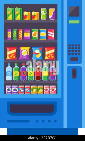 Distributeur automatique proposant une gamme colorée d'en-cas et de boissons, y compris soda, jus, eau, chips, et les barres de chocolat, offrant des options pratiques Illustration de Vecteur