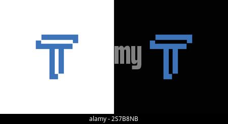 Un logo T bleu simple mais frappant sur un fond noir et blanc contrasté, mettant en valeur l'équilibre et le design moderne. Parfait pour le branding, Illustration de Vecteur