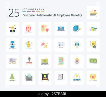 Relation client et avantages pour les employés 25 Pack d'icônes couleur plate comprenant une présentation. moniteur. en-cas. ordinateur portable. médical Illustration de Vecteur