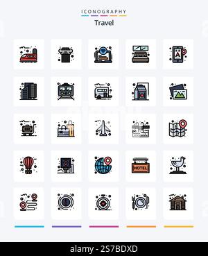Pack d'icônes Creative Travel 25 Line, telles que l'emplacement. fenêtre. zone. chambre. lit Illustration de Vecteur
