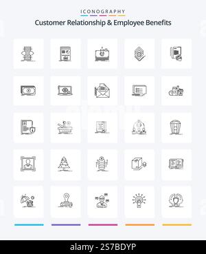 Creative Customer Relationship and Employee Benefits 25 pack d'icônes de contour, tel qu'un bloc-notes. serveur. argent. offre groupée. vitesse Illustration de Vecteur