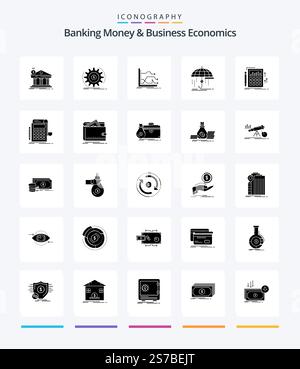 Creative Banking Money and Business Economics 25 Pack d'icônes noir Uni Glyph comme l'assurance. finances. création. prédiction. graphique Illustration de Vecteur