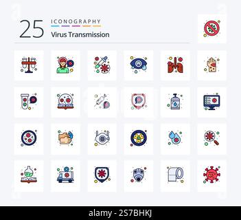 Transmission de virus 25 Pack d'icônes remplies de ligne avec respiration. œil humain. médicament. infection oculaire. conjonctivite Illustration de Vecteur