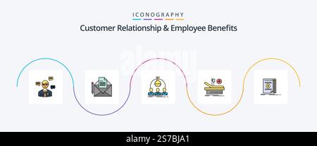 La ligne des relations avec la clientèle et des avantages sociaux des employés a rempli le Pack d'icônes FLAT 5 comprenant l'hôpital. théâtre. lettre. fonctionnement. expérience Illustration de Vecteur