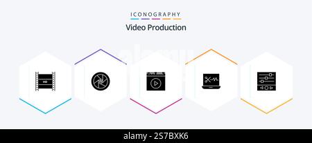Video production 25 Pack d'icônes Glyph comprenant un éditeur audio numérique. édition audio. super-héros. regardez la vidéo. appuyez sur lecture Illustration de Vecteur