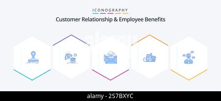 Relation client et avantages pour les employés 25 Pack d'icônes bleues comprenant MAN. articles. courrier. lait. nourriture Illustration de Vecteur