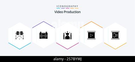 Vidéo production 25 Pack d'icônes de glyphes avec film. appareil photo. enregistrement numérique. gagnant. étoile Illustration de Vecteur