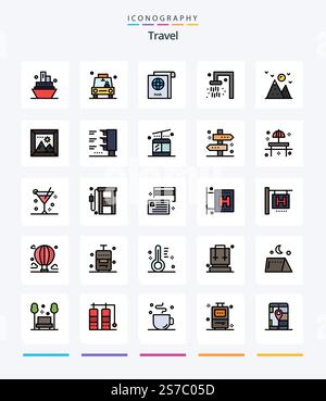 Pack d'icônes Creative Travel 25 Line, tel que la montagne. côte. document. randonnée. salle de bains Illustration de Vecteur