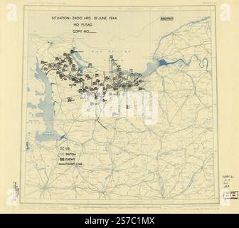 [18 juin 1944], carte de situation du QG douzième Groupe d'armées. 1944 par les forces alliées. Groupe d'armées 12e. Engineer section., États-Unis. Armée. Groupe d'armées 1st. Siège social. Banque D'Images