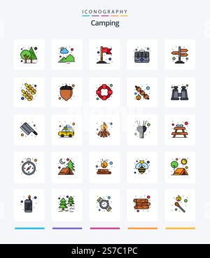 Pack Creative Camping 25 Line rempli d'icônes telles que des flèches. instructions. drapeau. kit. urgence Illustration de Vecteur