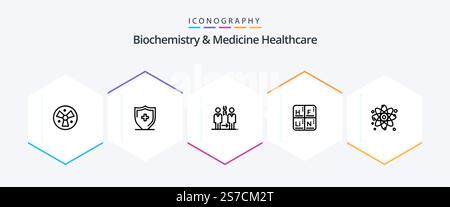 Biochimie et médecine soins de santé 25 ligne icône pack comprenant Atom. éléments. adn. tableau. santé Illustration de Vecteur