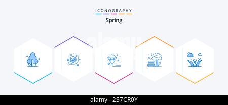 Spring 25 Blue Icon Pack inclus . vert. voler. graminées. arbre Illustration de Vecteur