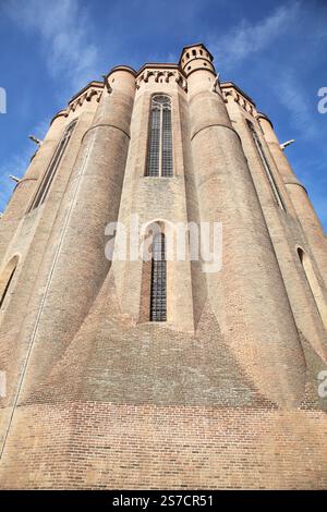 La cathédrale Sainte-Sécile d'Albi se dresse avec ses briques complexes et ses tours majestueuses contre un ciel vibrant. Banque D'Images