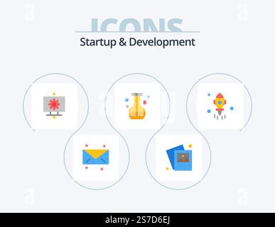 Startup et Develepment Flat Icon Pack 5 Icon Design. voler. fusée. réglage. astronomie. laboratoire Illustration de Vecteur