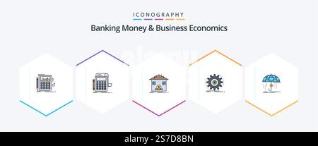 Banque d'argent et économie d'entreprise 25 Pack d'icônes FilledLine incluant l'assurance. finances. remboursement. argent. revenu Illustration de Vecteur