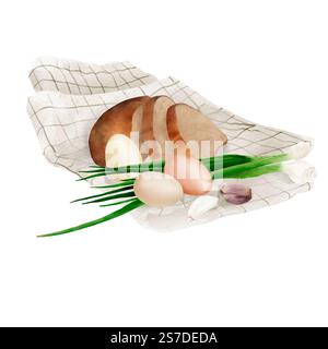 Les œufs de poule et les oignons verts reposent à côté du pain tranché sur une serviette en lin. Illustration numérique aquarelle. Gousses d'ail et herbes de cuisine isolées sur Banque D'Images