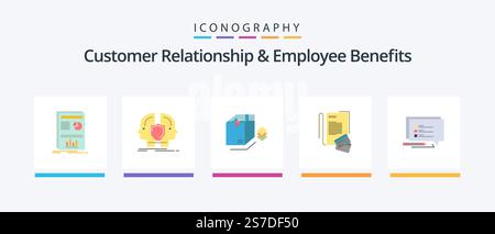 Relation client et avantages pour les employés Pack d'icônes FLAT 5 comprenant . cartes. shaild. ordinateur portable. offre groupée. Création d'icônes créatives Illustration de Vecteur