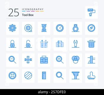 Outils 25 Pack d'icônes de couleur bleue avec appareil photo. batterie. symbole. cadenas. déverrouillé Illustration de Vecteur