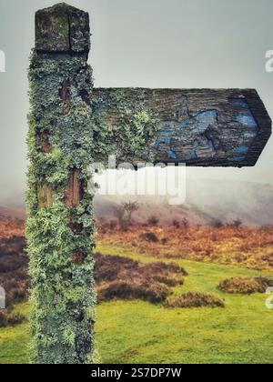 Panneau Bridleway incrusté de lichens, Bannau Brycheniog, (Brecon Beacons) Wales, UK Banque D'Images