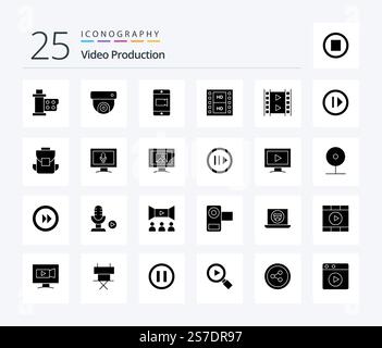 Vidéo production 25 Pack d'icônes de glyphe solide comprenant le support . cctv . appareil photo. mobile Illustration de Vecteur
