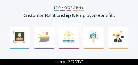 Pack d'icônes FLAT 5 sur la relation client et les avantages pour les employés, avec écran tactile ici. ok. ouvrier. cliquez sur. scientifique. Création d'icônes créatives Illustration de Vecteur
