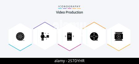 Pack d'icônes Glyph de production vidéo 25 avec clapper. pince à action. enregistrement. volume. volume ouvert Illustration de Vecteur