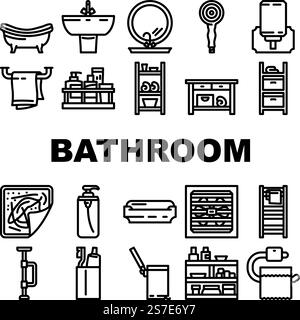 vecteur d'ensemble d'icônes d'hygiène d'équipement de bain de salle de bains. eau, lavage à la brosse, maison propre, évier de maison de plombier, savon, outil douche, seau, drain salle de bain équipement de bain hygiène contour noir illustrations. vecteur d'ensemble d'icônes d'hygiène d'équipement de bain de salle de bains Illustration de Vecteur