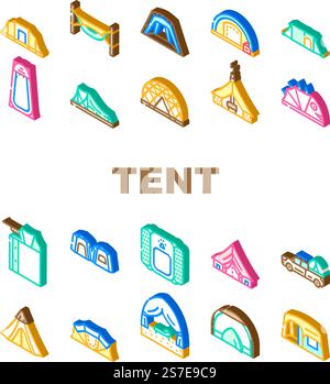 vecteur d'ensemble d'icônes de tourisme d'équipement de tente. objet voyage, activité en plein air, vacances d'été, camp aventure, abri touristique tente équipement touristique tourisme illustrations de signe isométrique. vecteur d'ensemble d'icônes de tourisme d'équipement de tente Illustration de Vecteur