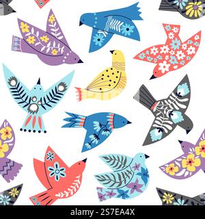 Motif oiseaux sans couture. Papier peint oiseau volant abstrait folk ethnique. Colombe plate décorative ou mouette, imprimé de tissu vectoriel décent floral scandinave. Illustration de motif animal sans couture. Motif oiseaux sans couture. Papier peint oiseau volant abstrait folk ethnique. Colombe plate décorative ou mouette, imprimé de tissu vectoriel décent floral scandinave Illustration de Vecteur