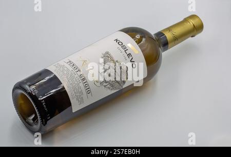 Kiev, Ukraine - 23 août 2024 : tournage studio de Pinot Grigio réserve Koblevo bouteille de vin blanc sec ukrainien gros plan sur fond blanc. Banque D'Images