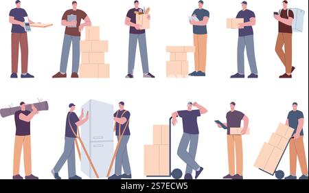 Les personnages du service de livraison contiennent des colis lourds. Coursiers avec boîte, meubles et nourriture à emporter. Commande de livraison, ensemble de vecteur kicky logistique intelligent de boîte de colis de livraison illustration. Les personnages du service de livraison contiennent des colis lourds. Coursiers avec boîte, meubles et nourriture à emporter. Livraison d'ordre, logistique intelligente ensemble de vecteurs kicky Illustration de Vecteur
