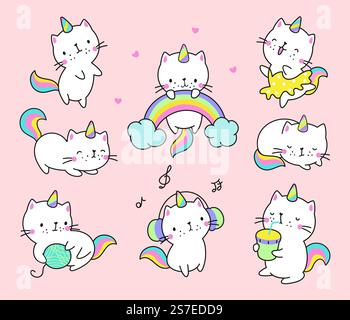 Licorne de chat. Chats Kawaii, licornes amusantes personnages de chatte. Animaux mignons pastel avec arc-en-ciel et boissons, rêvant bébé animal de compagnie cationique de nos jours autocollants vectoriels. Illustration de l'autocollant adorable animal. Licorne de chat. Chats Kawaii, licornes amusantes personnages de chatte. Animaux mignons pastel avec arc-en-ciel et boissons, rêvant bébé animal de compagnie cationique de nos jours autocollants vectoriels Illustration de Vecteur