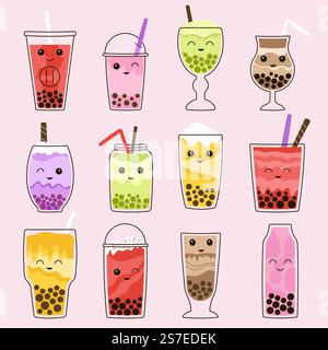 Boisson asiatique de thé moussant aux visages kawaii. Mascottes pour enfants, boissons de perles sucrées isolées avec des fruits. Boissons au lait avec de la crème, ensemble de vecteur décent de l'illustration de boisson de tasse de boisson. Boisson asiatique de thé moussant aux visages kawaii. Mascottes pour enfants, boissons de perles sucrées isolées avec des fruits. Boissons lactées avec de la crème, ensemble de vecteur décent Illustration de Vecteur