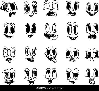 Visages de dessins animés rétro comiques vintage. Visage de mascotte rétro, expressions isolées. Sourire amusant et surprise, têtes en colère ensemble de vecteurs serrés. Collection différente de personnages vintage illustration de dessin animé. Visages de dessins animés rétro comiques vintage. Visage de mascotte rétro, expressions abstraites isolées. Sourire amusant et surprise, têtes en colère ensemble de vecteurs serrés. Collection d'émotions différentes Illustration de Vecteur