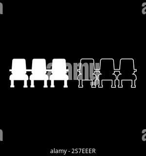 Chaises de chaise de cinéma trois ensembles icône blanche illustration vectorielle image simple de ligne de contour de contour de remplissage solide style plat mince. Chaises de chaise de cinéma trois ensembles icône blanche illustration vectorielle image pleine ligne de contour de contour mince style plat Illustration de Vecteur